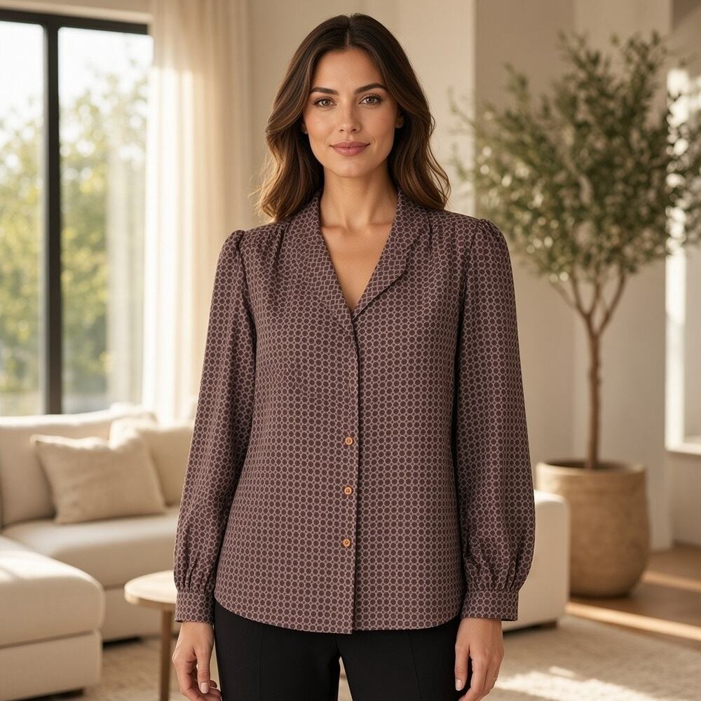 Ship'n Shore Silken Wonder Womens 14 Geometric Blouse 100% Polyester Long Sleeve